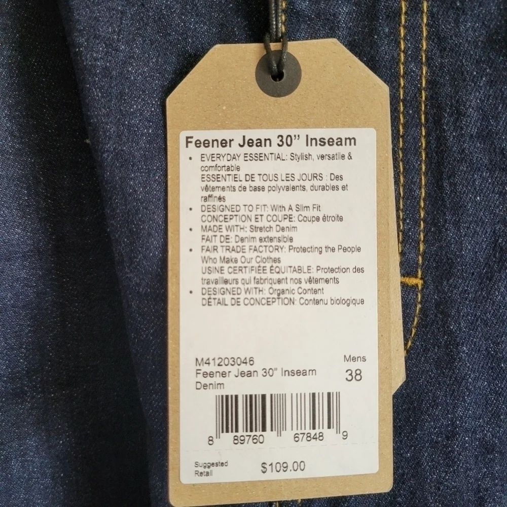 NWT Prana Feener Jean Organic Cotton Dark Wash Straight Fit 38 × 30